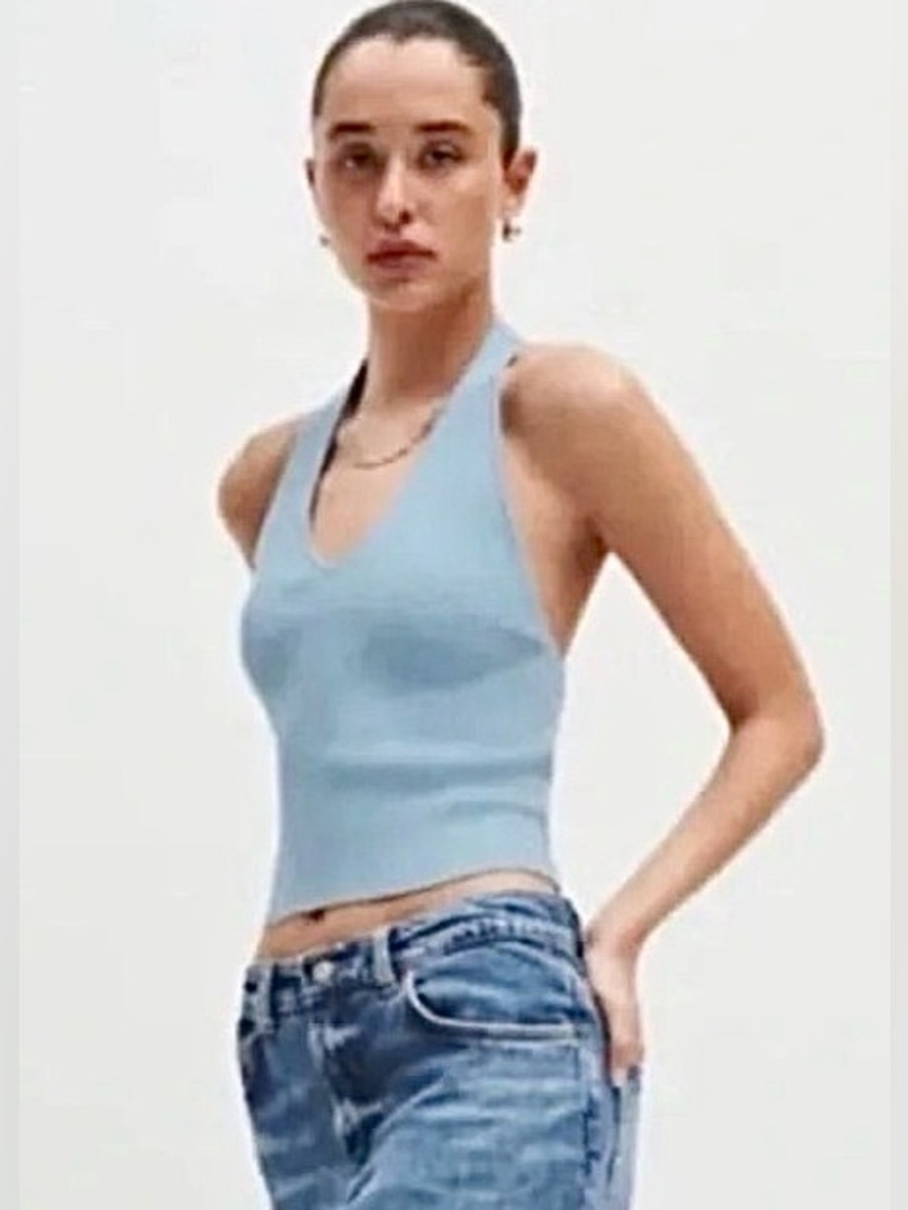REFORMATION Carol Cotton Sweater Halter Top Mineral Blue XL MSRP $125 NWT